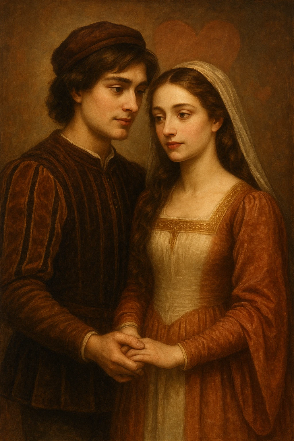 Romeo and Juliet as a romantic couple, classic Shakespearean attire, standing together, soft lighting, subtle heart motif, elegant and timeless style emoji