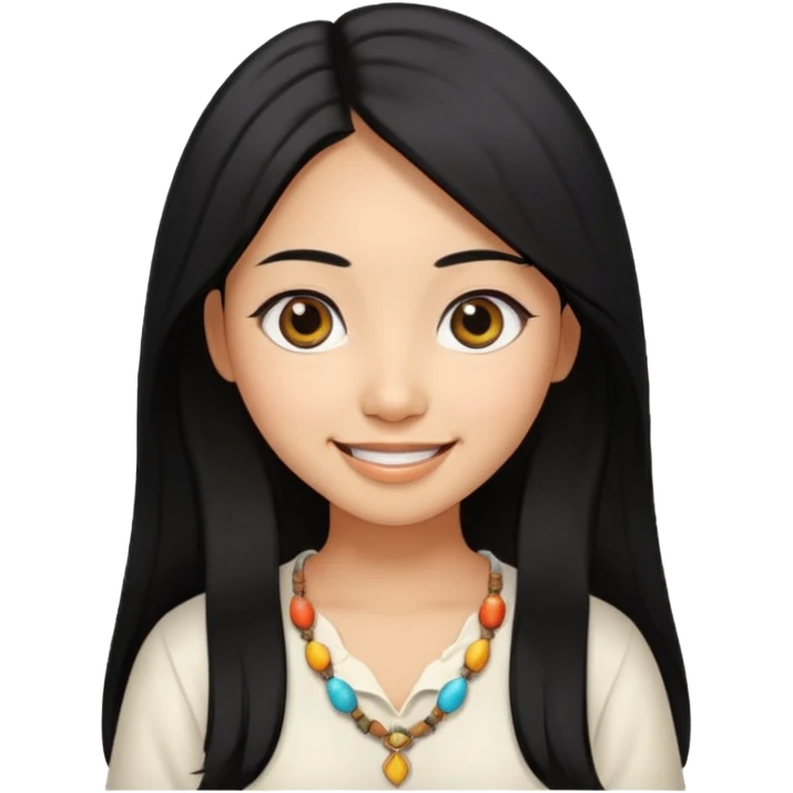 30 yr old asian woman center parted hair big eyes big smile tanned skin straight black hair hippie part hair white blouse emoji