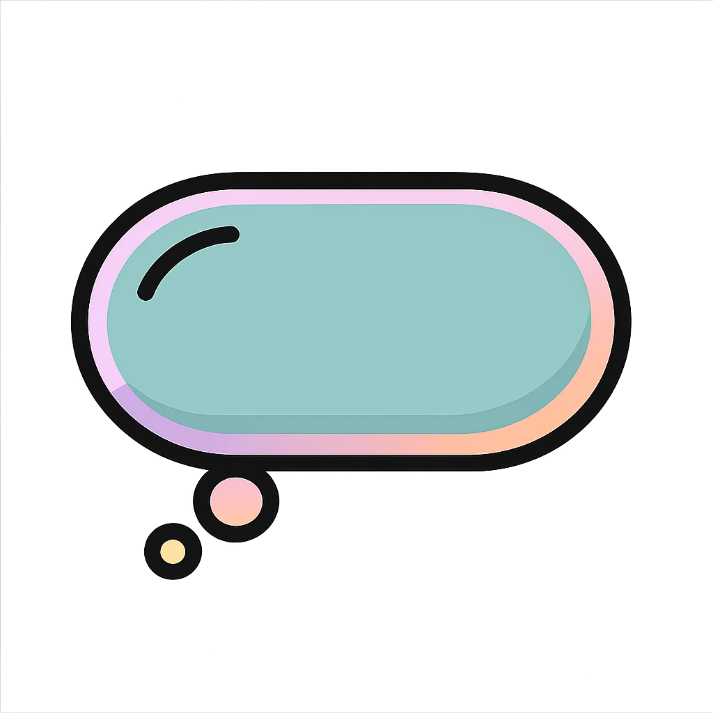 horizontally elongated thought bubble, icon-color-outlined style, well detailed, detailed shadows and highlights, thin clean contours, soft rounded shapes, pastel palette #98B5BC, #B5B3C1, #C9A3C9, #E4C0CA, #F7DCD1, #F7C0AA, modern Japanese pop art and sticker aesthetics, soft lighting, transparent background emoji