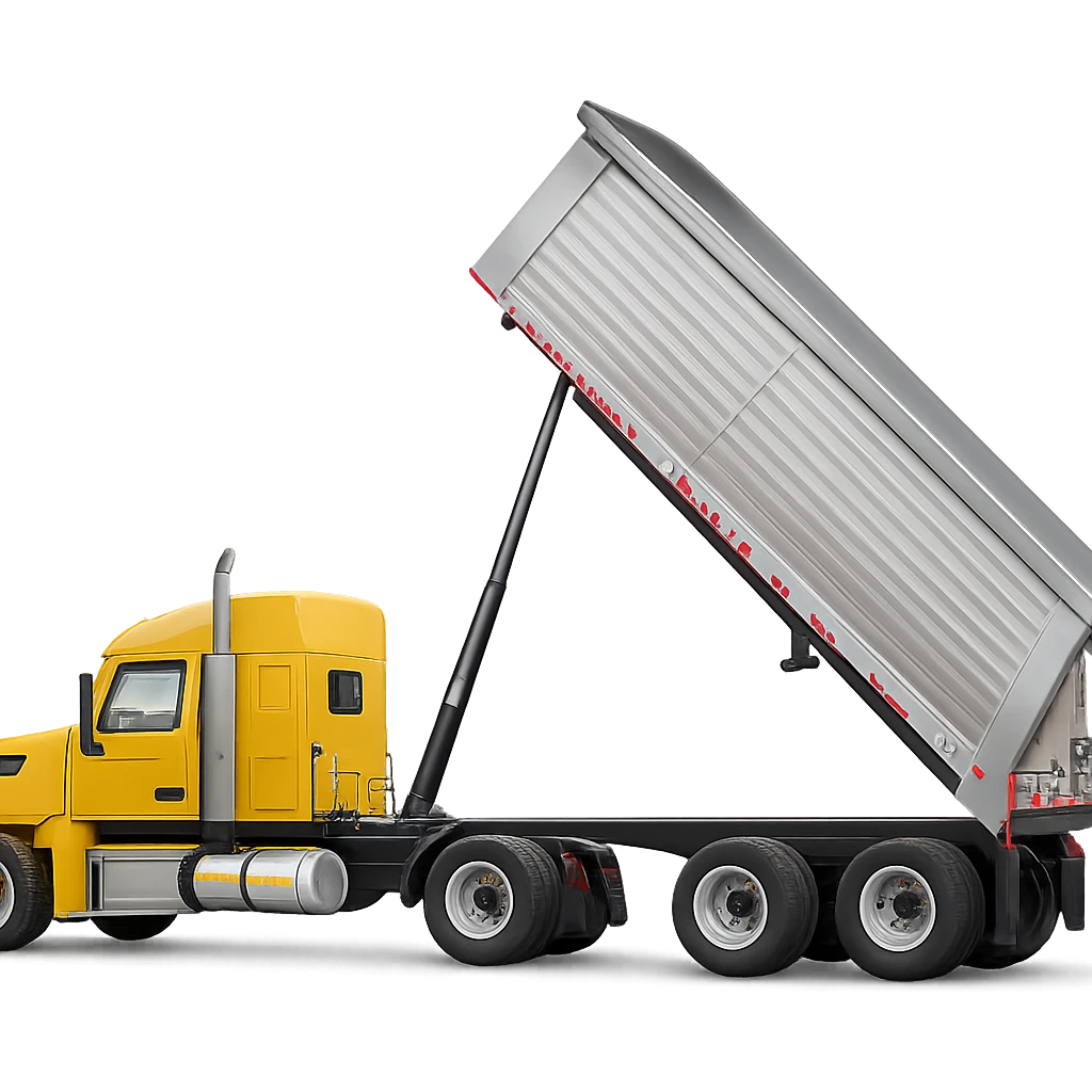 photorealistic yellow semi sleeper truck with a long silver end dump trailer, trailer raised in dumping position, side view, sharp details emoji