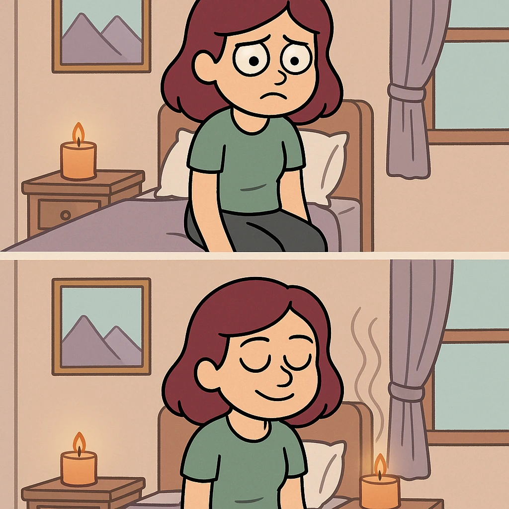 a girl in a bedroom, looking sad, then smelling a scent like from a candle or diffuser, her mood changing to relaxed, flat toon style emoji
