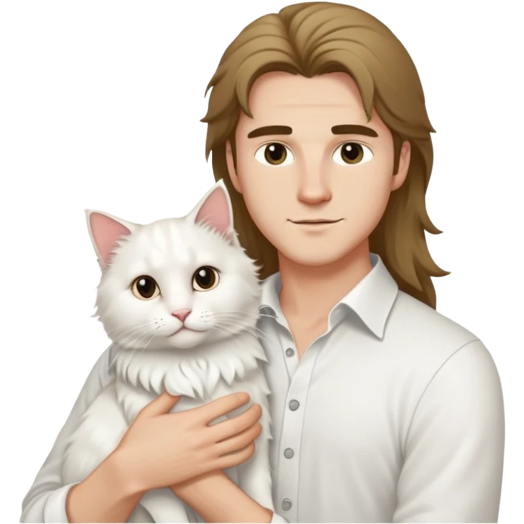 A young handsome Caucasian man in a white shirt holds a long-haired white cat emoji