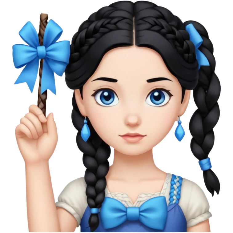 girl with black hair in one braid and blue eyes with a bow in her hand emoji