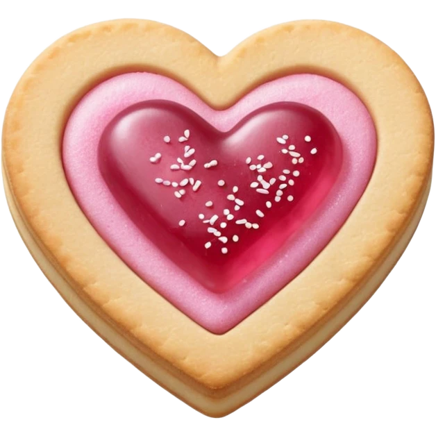 Realistic shortbread cookie in the shape of a heart with pink jelly middle filling and sprinkled powder sugar on top. emoji
