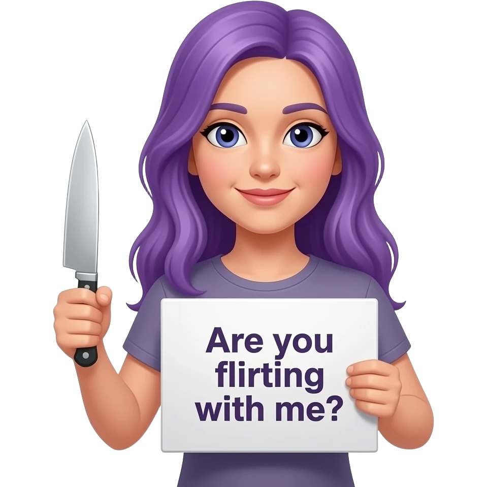 girl with long purple hair with a A KNIFE - Are you flirting with me? sign emoji