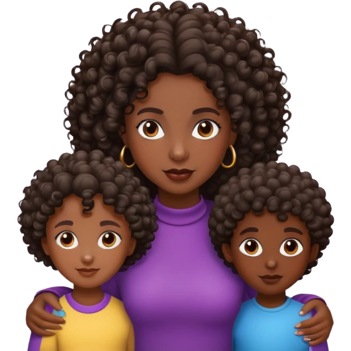 one dark skin woman with curlly hair and two dark skin kids emoji