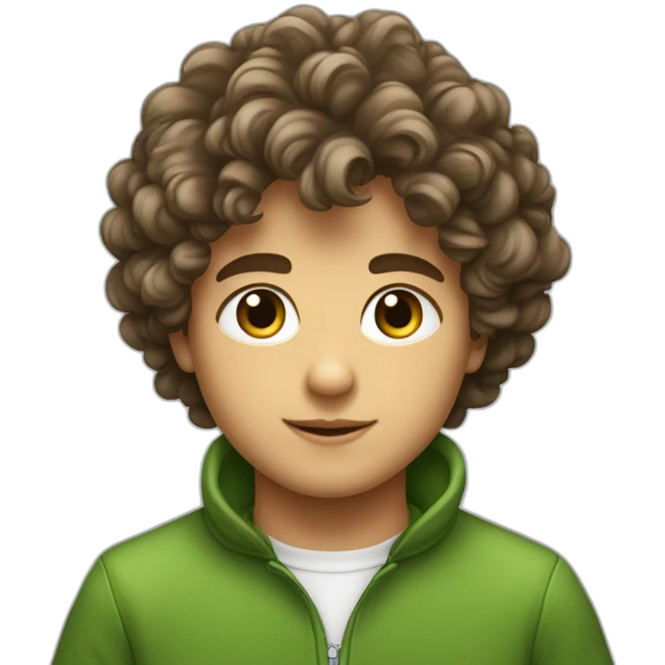 Garçon cheveux bouclés pas trop de volume avec la couleur brun et les yeux verts couleur de peau blanc emoji