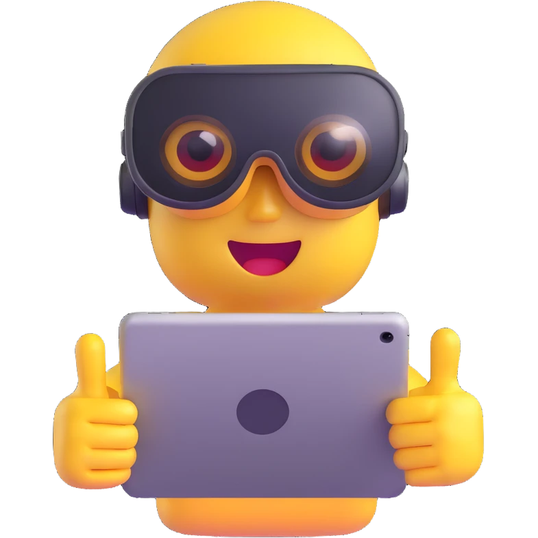 minimal modern 3D emoji character, VR goggles, digital tablet, lightbulb above head, expressive and curious eyes, glossy finish, symbolizing new media education pioneer emoji
