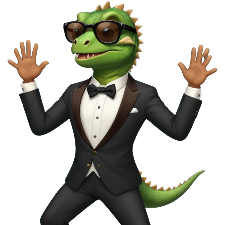 capitalist iguana banker in tuxedo and black sunglasses dancing emoji