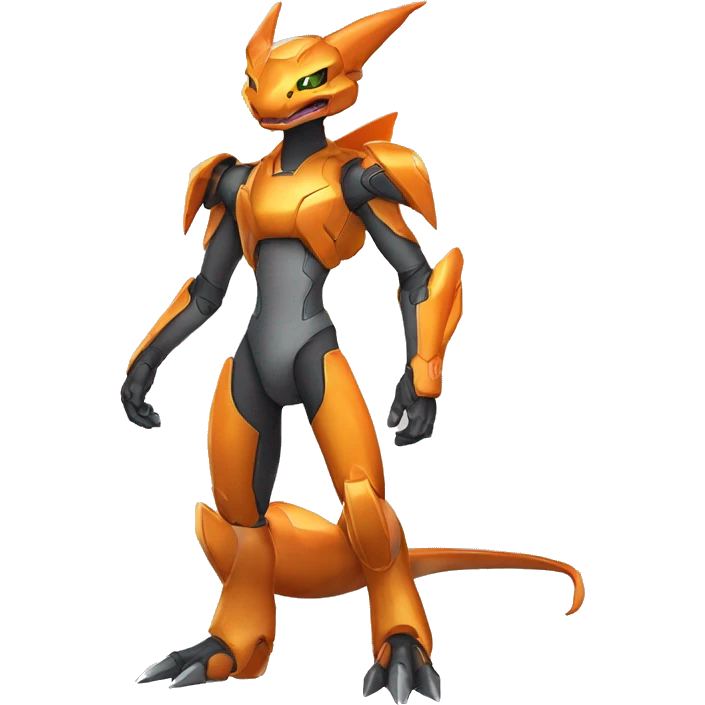 a shiny Genesect-Charizard-Raptor-Fakémon—hybrid with a futuristic visor-helmet full body emoji
