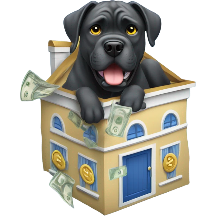 A Cane Corso buying a blue and gold house with money in his mouth. emoji