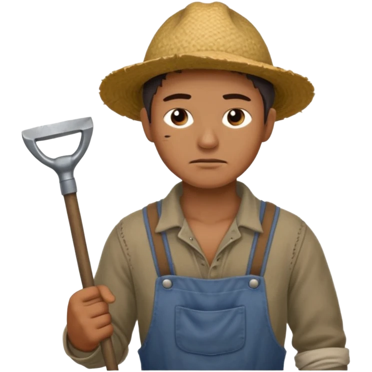 Emoji portrait of a male agricultural slave. He has a tired expression and wears rough clothes, holding a hoe over his shoulder. emoji