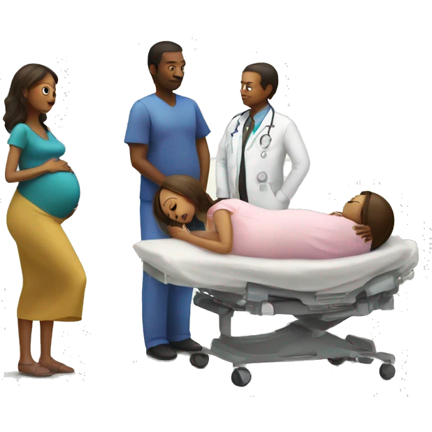 a pregnant woman gives birth and doctors stand nearby emoji