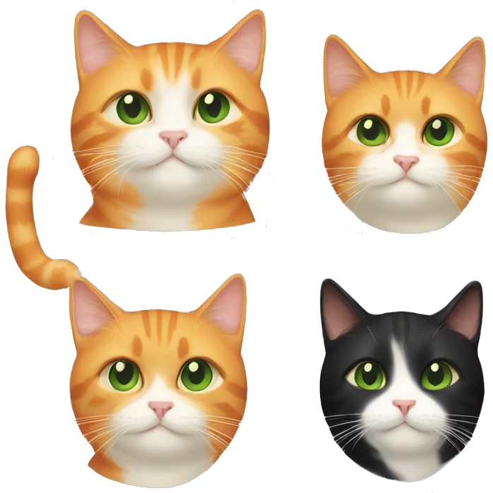 One (1) orange cat with cream lines and two (2) black cats; one with yellow eyes and one with green eyes emoji
