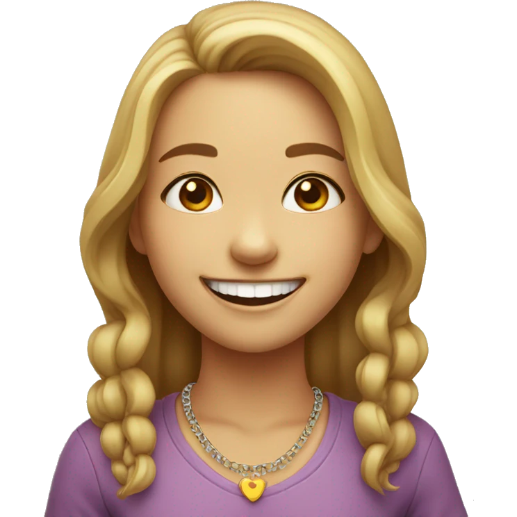 smiling girl indoors with necklace within tooth emoji