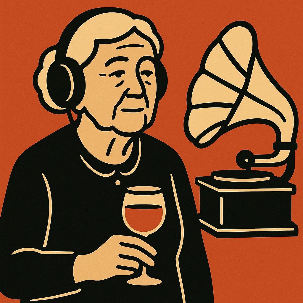 old lady with wineglass listening to gramophone emoji