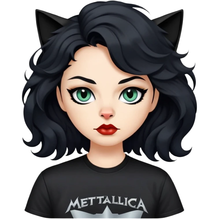 I want a jet black wavy hair bitmoji with cat eye type of eyes, full lips, small nose, fair skin wearing a Metallica shirt emoji