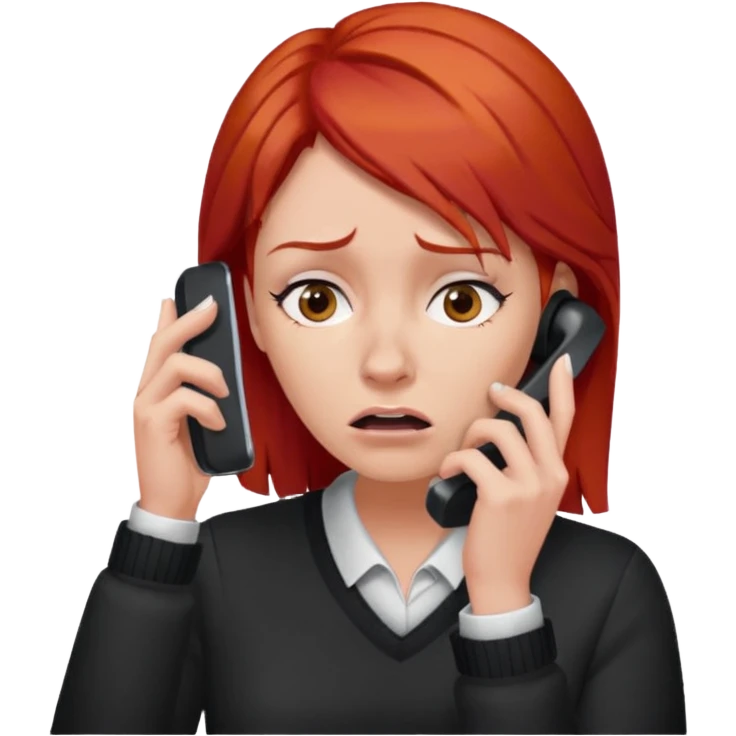 woman with red hair, frustrated, holding a phone to her ear, waiting on hold emoji