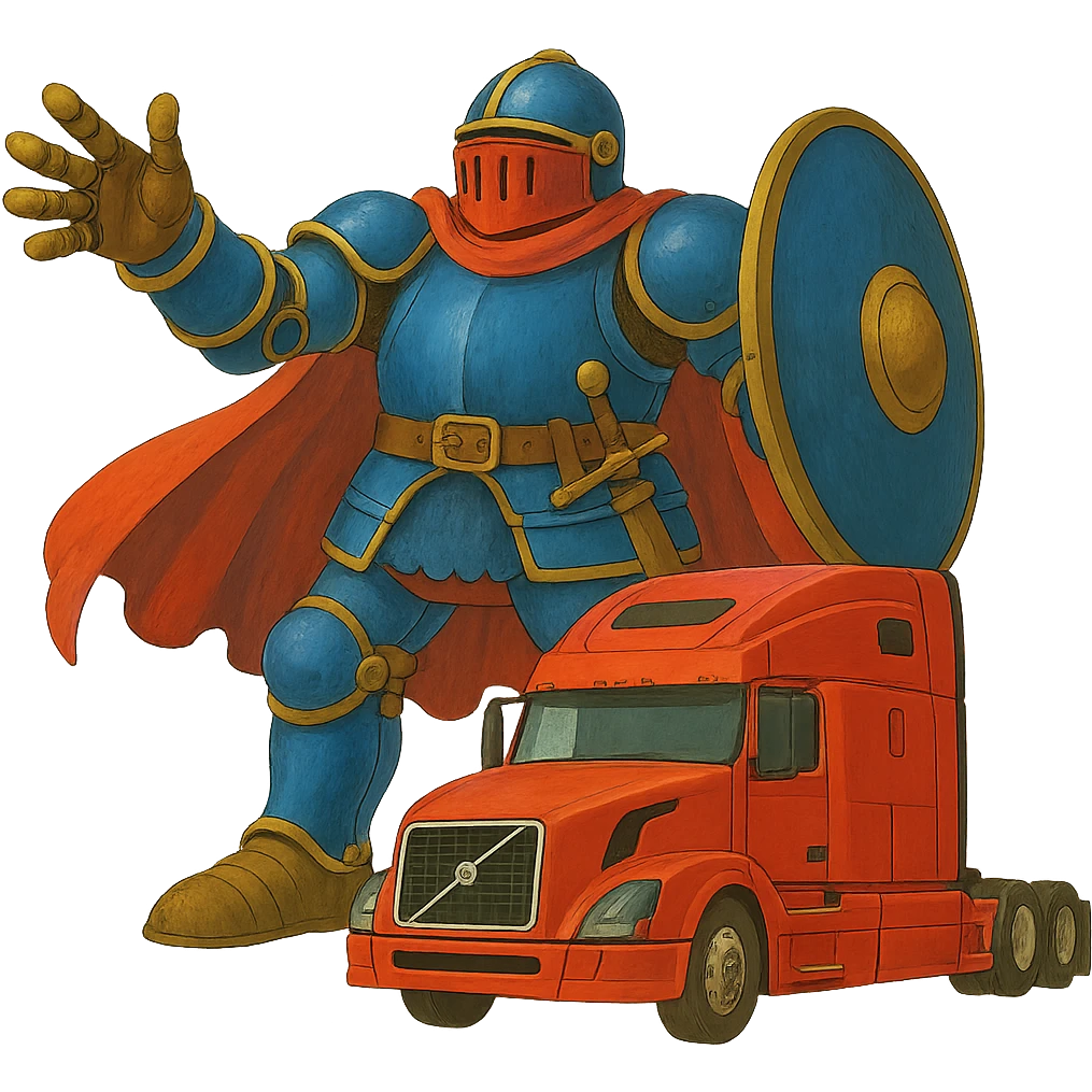 Add color to Casper's knight armor and accessories in ghibli style, keep Casper the same size as the white semi truck, transparent background. emoji