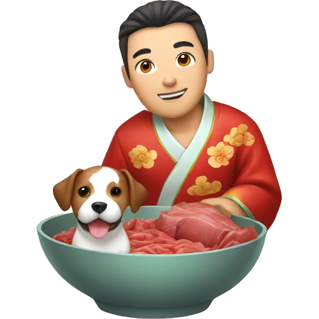 A man dressed in a traditional Chinese costume, holding a dog which is inside of a bowl of beef emoji