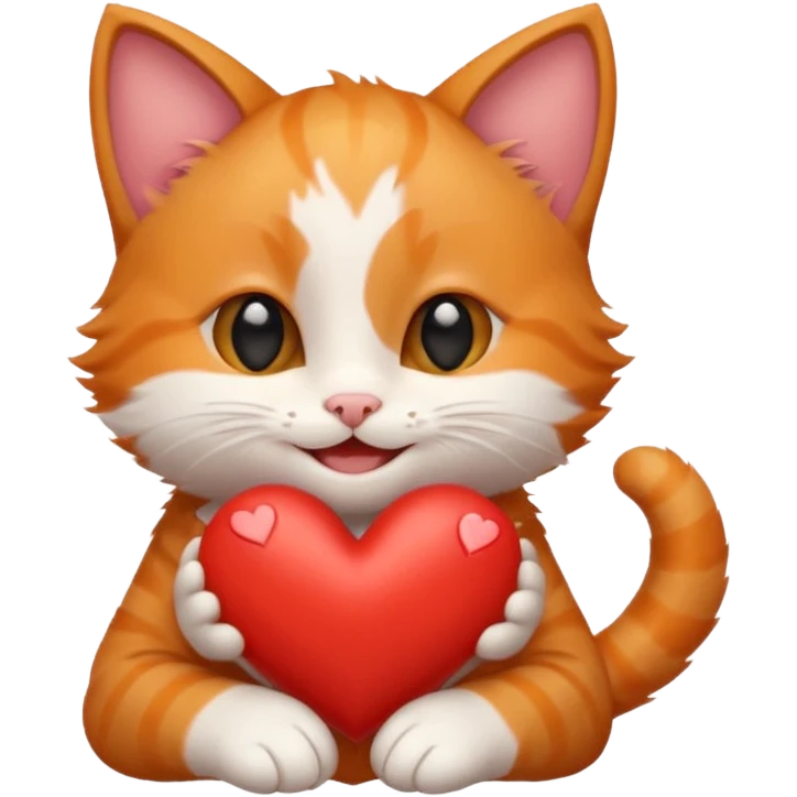 The ginger kitten is hugging a heart, very happy and smiling. emoji