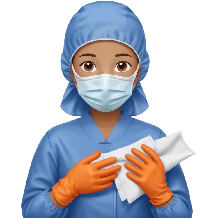 A meticulous cleanroom worker dressed in full protective gear, including a blue sterile suit, a face mask,  and orange gloves.  wipe  in her hand. emoji