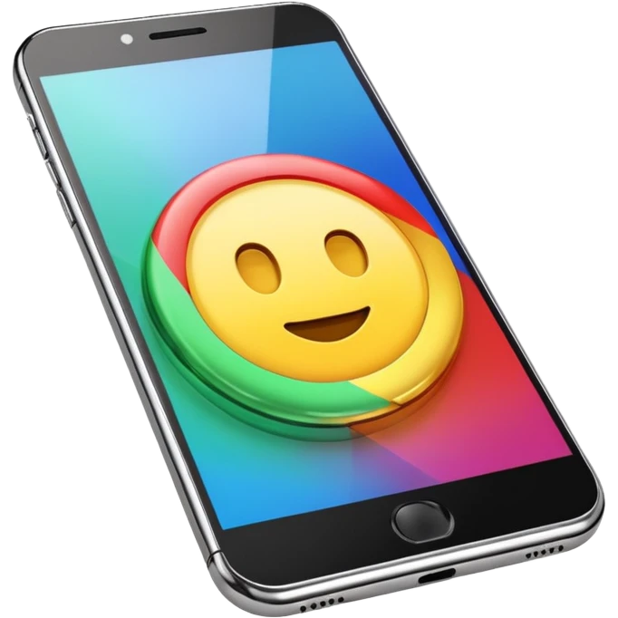 modern smartphone in 3D chrome metallic style, highly reflective and shiny, colorful screen, realistic details emoji