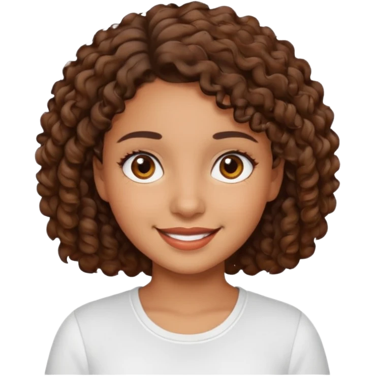 A Latina girl with brown eyes and short curly hair with a white shirt A brown skin girl with short curly coils brown hair with brown eyes with a white shirt a kinda brown skin girl with brown wavy hair with highlights with brown eyes with a light yellow shirt emoji
