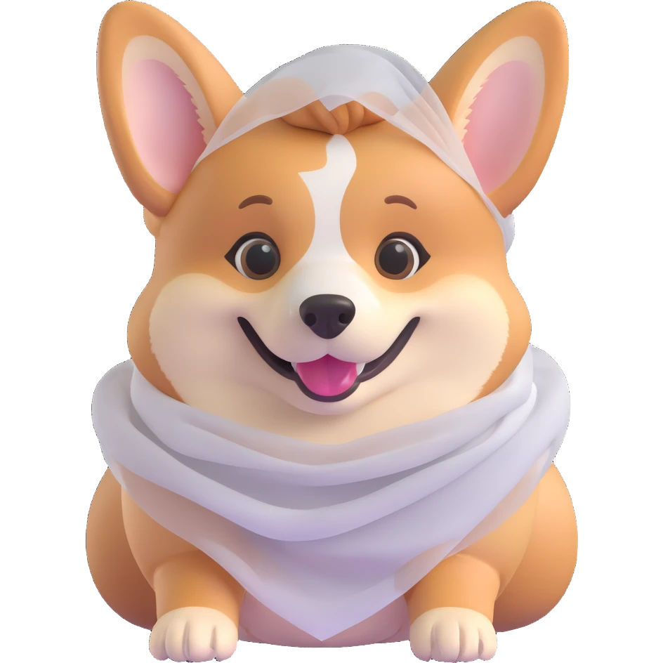 smiling female corgi with a soft veil, 3d emoji style, 20% realistic details in fur and face emoji