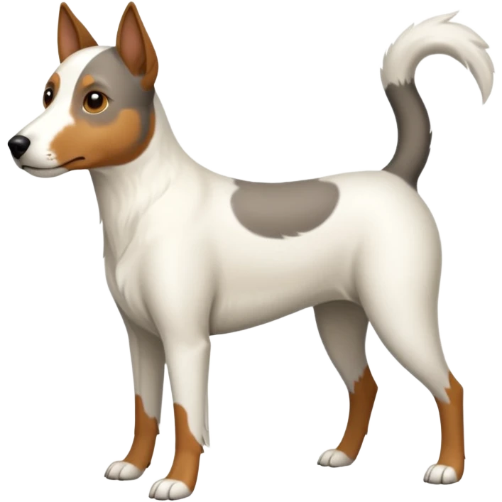 a full body large white floppy eared parson russell looking dog the size of a kelpie with light brown ears and a light brown patch on one eye and a large snout emoji