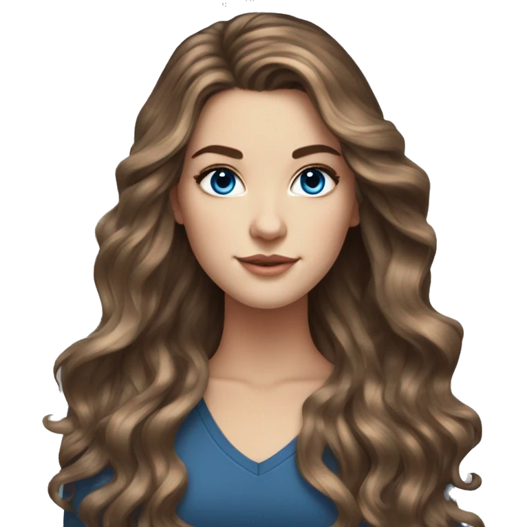 White girl blue eyes with long voluminous brown hair with brown highlights balayage  emoji