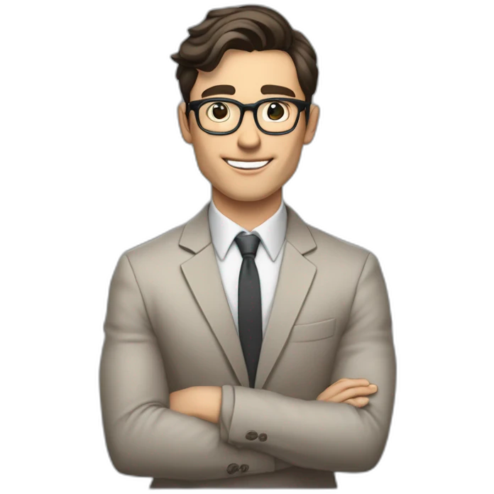 Pale skinned Fit Man With dark brown hair in gray jacket, beige office shirt and vintage glasses sitting In a soft chair with a notebook with emblem Ψ and a pen in his hands emoji