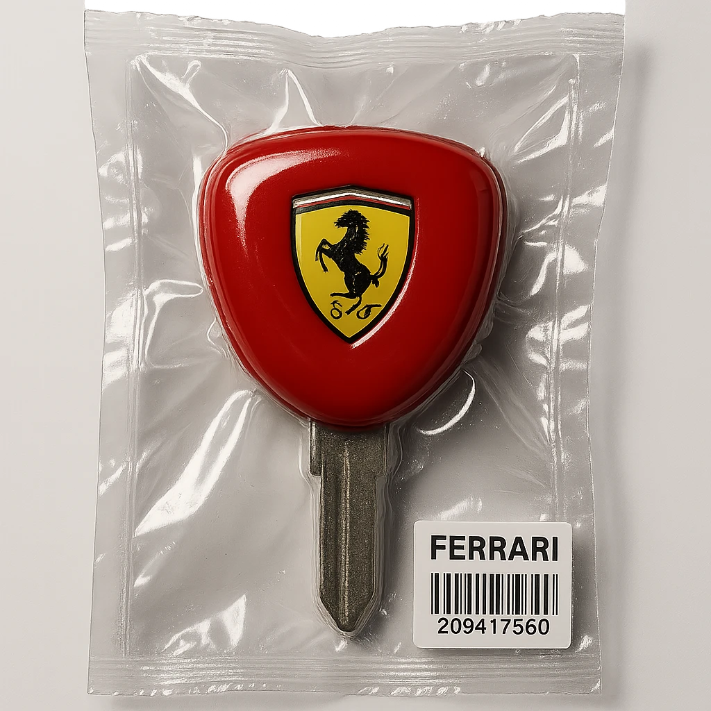 classic Ferrari car key, red with Ferrari logo, glossy and puffy emoji
