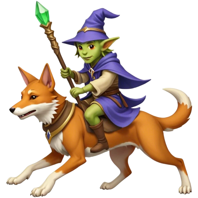 A goblin wizard riding a foxhound emoji