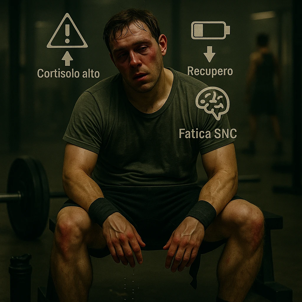 Add floating symbols above the head with Italian text: 'Cortisolo alto', 'Recupero basso', 'Fatica SNC'. The style should be raw cinematic with muted colors and dramatic lighting. The symbols must be clear and legible. emoji