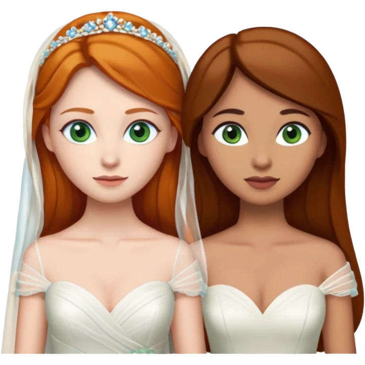 A ginger woman with blue eyes, marrying a taller woman with very dark brown hair and green eyes, both in wedding dresses. emoji
