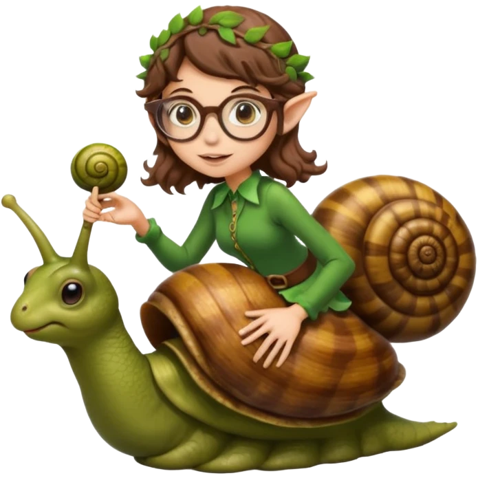tiny forest elf woman brown wavy hair glasses riding a snail emoji
