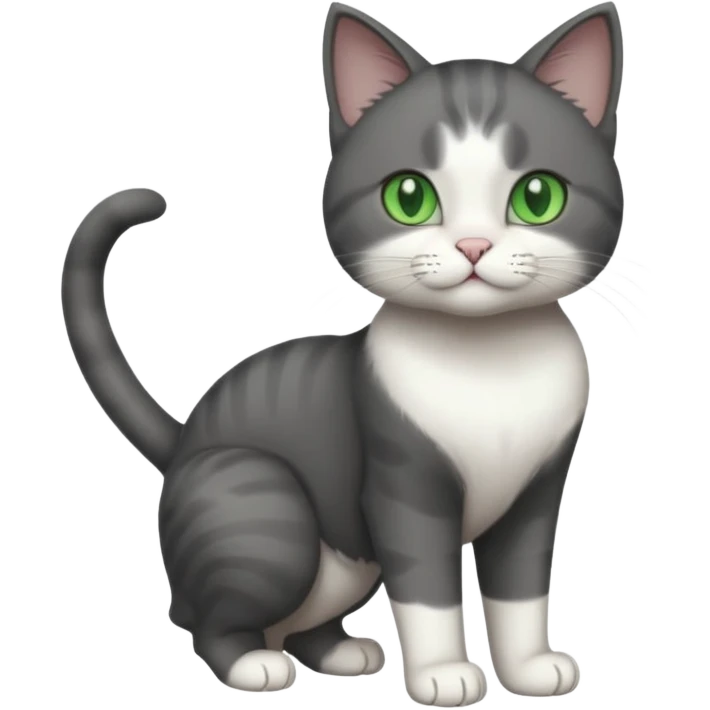 full body view of beautiful female solid dark grey cat with green eyes, white toes/paws and white patch on her chest emoji