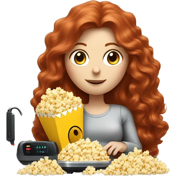 A long haired redhead lady eating popcorn with a robot vacuum next to her  emoji