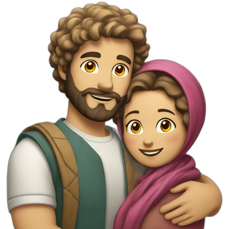 guy with beard and wavy hair hugging woman with headscarf emoji