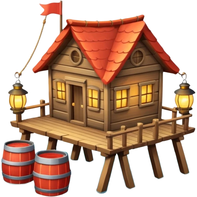 
fisherman house on a wooden pier, small dock, fishing nets hanging, barrels, lantern, ocean vibe, 3D cartoon, cute mobile game icon, clean background, no text
 emoji
