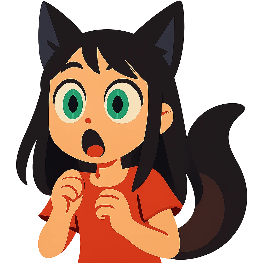 a surprised girl with huge green eyes, black fox ears, and a tail, dark hair emoji