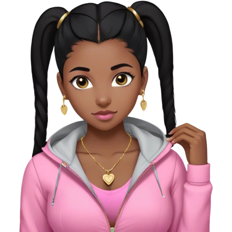 black girl with black straigh hair and baby hairs with pink lululemon jacket with cleavage showing a little n with a gold necklace small heart necklace and gold diamond stud earrings  emoji