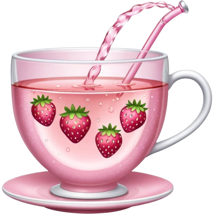 Pink sparkling tea cup with strawberry tea in it emoji