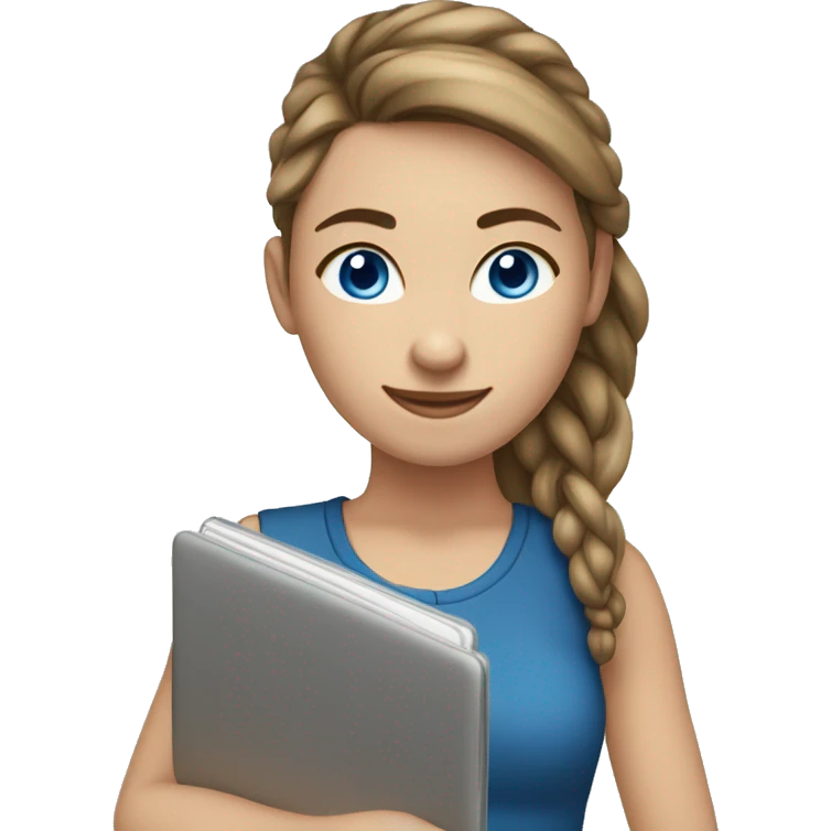 caucasian white IT girl student, holding laptop, blue eyes, brown hair ponytail emoji