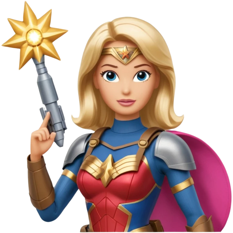 Barbie full confidence battle ready but pretty ground soldier heroically saving lives accompanied by Wonder Woman technology , with shelling happening all around emoji