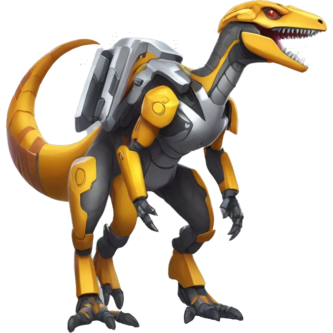 Colorful Edgy Greymon-Velociraptor-Genesect-Fakémon-Pokémon wearing a with a futuristic visor-helmet And Mecha-suit Full Body emoji