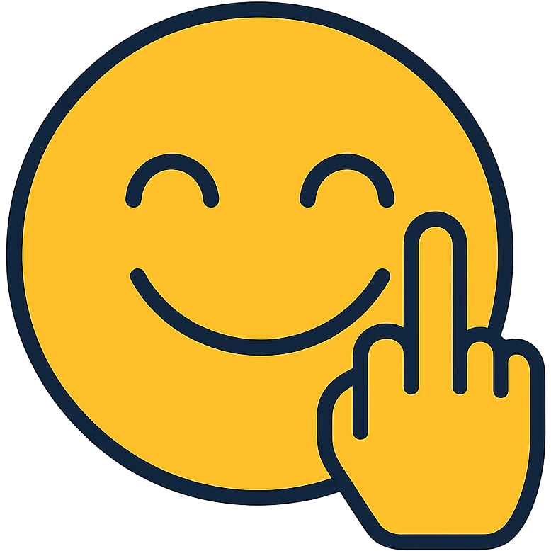 smiling emoji face with a stylized hand showing the middle finger, color outlined icon style, modern and bold emoji