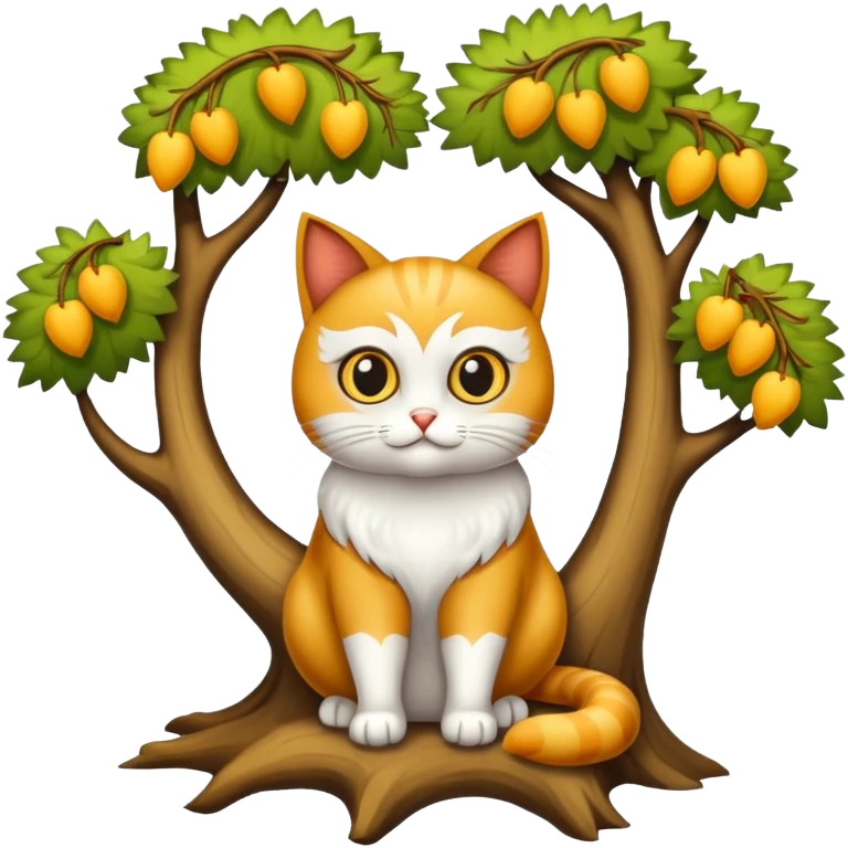 crea un gato con alas de búho con pelaje color cafe y blanco y que este en la rama de un árbol emoji
