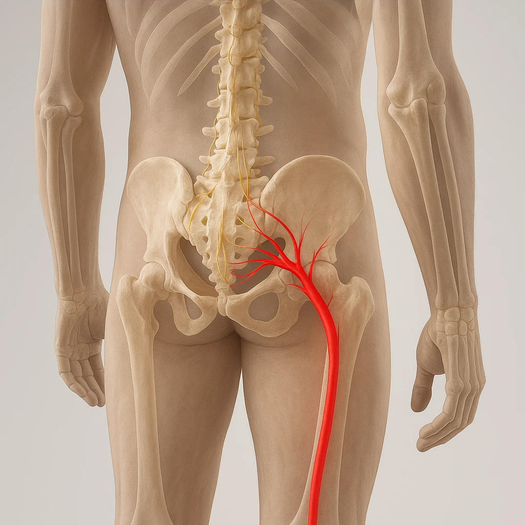 Create a hyperrealistic anatomical view of sciatica as in the reference image: human body seen from behind, visible spine, bones, and nerves, with the sciatic nerve highlighted in red starting from the lumbar area and running down the leg, clear anatomical details, neutral background, 4K quality. emoji